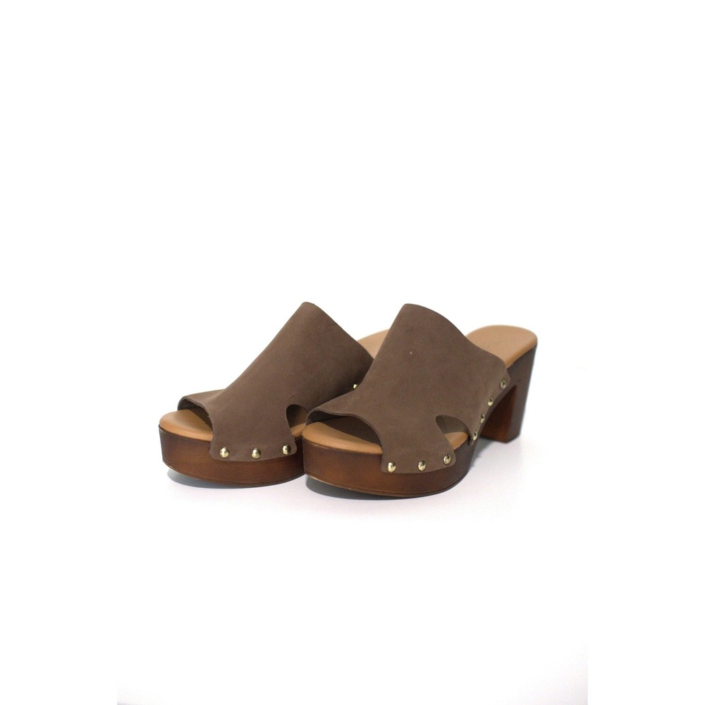 Bio-Gold Brown Suede Platform Clogs Italy Studded Wooden Block Heel Mules